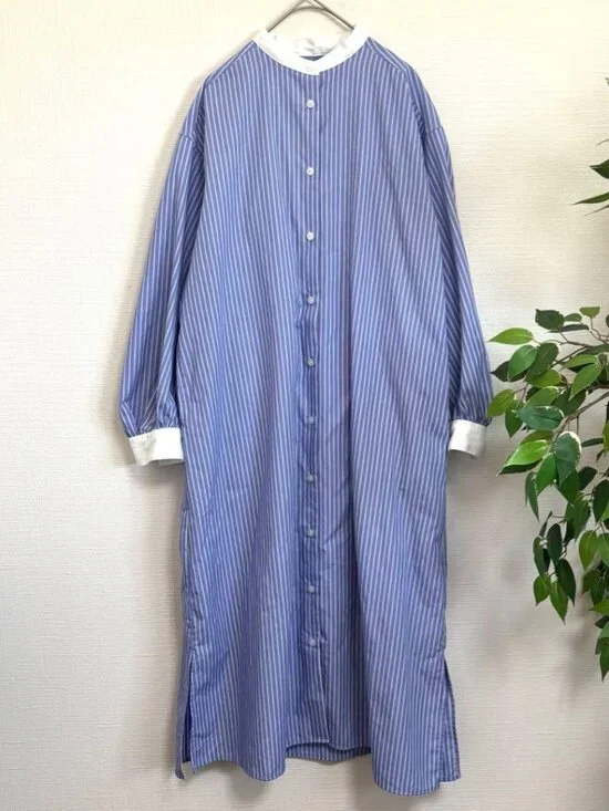 Philic Striped Band Collar Shirt Dress Loose Fit No Collar - Picture 1 of 5